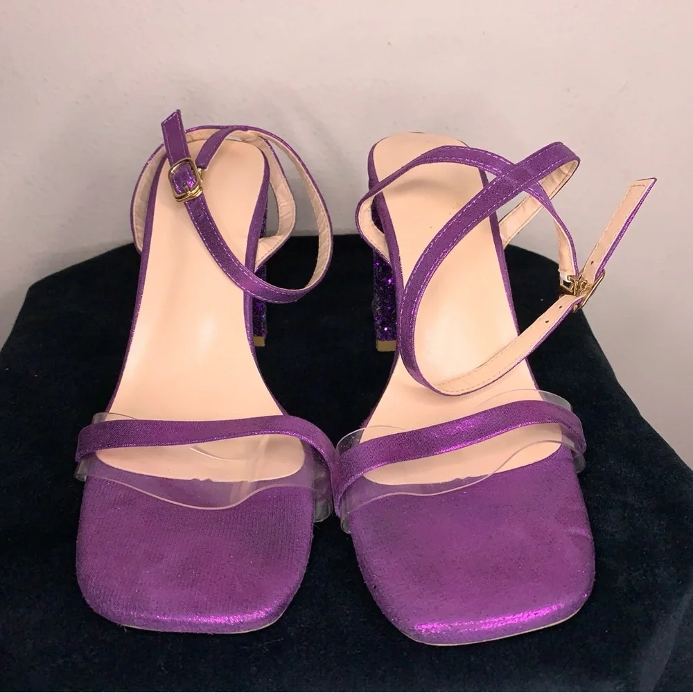 Y2K Era Size 6 Purple Glitter Chunky Heel Shoes Party Event Prom Square Toe